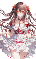 Rule 34 | 1girl, absurdres, bare shoulders, breasts, brown hair, closed mouth, cowboy shot, dress, fang, floating hair, flower, flower-shaped pupils, frilled dress, frills, genshin impact, hair flaps, hair ribbon, halter dress, halterneck, harness, highres, hu tao (genshin impact), long hair, looking at viewer, nail polish, off-shoulder dress, off shoulder, petals, plum blossoms, pottsness, red eyes, red flower, red nails, red ribbon, ribbon, simple background, skin fang, skirt hold, small breasts, smile, solo, symbol-shaped pupils, thighs, very long hair, white background, white dress