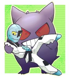 Rule 34 | 1boy, ^ ^, averting eyes, bald, belt, black belt, blue skin, border, carrying, closed eyes, closed mouth, colored sclera, colored skin, creatures (company), crossed arms, dougi, facing viewer, full body, game freak, gen 1 pokemon, gen 5 pokemon, gengar, ghost, green background, grin, half-closed eyes, hands up, happy, karate gi, leg up, long sleeves, looking down, looking to the side, lowres, martial arts belt, minashirazu, nintendo, pants, pokemon, pokemon (creature), princess carry, red sclera, sawk, shirt, simple background, smile, standing, striped, striped background, sweat, teeth, white border, white pants, white shirt, yellow eyes