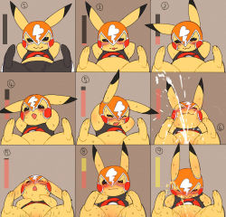 Rule 34 | 1girl, :3, animal ears, animal hands, arms behind head, arms up, barefoot, black eyes, black footwear, black pants, blush, blush stickers, bottomless, brown background, clenched teeth, clothed pokemon, cosplay pikachu, creatures (company), fangs, feet, female ejaculation, female focus, female orgasm, game freak, gen 1 pokemon, haganedon, half-closed eyes, looking at viewer, luchador, luchador mask, midriff, multiple views, nintendo, no humans, nose blush, one eye closed, open mouth, orgasm, out-of-frame censoring, pants, peeing, pikachu, pikachu libre, poke ball theme, pokemon, pokemon (creature), pussy juice, shirt, simple background, sitting, sleeveless, sleeveless shirt, smile, spread legs, sweat, tears, teeth, wavy mouth