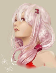 Rule 34 | 10s, 1girl, absurdres, bad id, bad pixiv id, bare shoulders, character name, guilty crown, highres, lips, looking to the side, parted lips, pink eyes, pink hair, profile, realistic, simple background, solo, teeth, upper body, yushen, yuzuriha inori