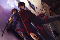 Rule 34 | 00s, 2boys, absurdres, air conditioner, alley, code geass, crack, cracked wall, day, from below, frown, hair between eyes, highres, holding, holding sword, holding weapon, kururugi suzaku, legs apart, lelouch vi britannia, male focus, multiple boys, outdoors, sheath, sheathed, sky, standing, sword, weapon