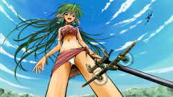 Rule 34 | aircraft, airplane, alf874, bandages around chest, bracelet, breasts, cloud, earrings, from below, giant, giantess, green hair, highres, jet, jewelry, long hair, mountain, necklace, open mouth, panties, pointy ears, sky, smile, snow, sword, underboob, underwear, weapon