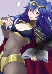 Rule 34 | !?, 1girl, alternate hairstyle, ameno (a meno0), bad id, bad twitter id, blue eyes, blue hair, blush, bodystocking, bodysuit, book, bracelet, breasts, bridal gauntlets, cape, cleavage, commentary request, cosplay, costume, covered navel, dark mage (fire emblem awakening), fire emblem, fire emblem awakening, hair between eyes, hair ornament, holding, holding book, jewelry, long hair, looking at viewer, lucina (fire emblem), magic, navel, nintendo, official alternate costume, open book, open mouth, parted lips, pelvic curtain, red cape, skin tight, small breasts, solo, spoken interrobang, tharja (cosplay), tharja (fire emblem), tiara