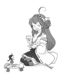 Rule 34 | 10s, ahoge, bare shoulders, braid, cup, detached sleeves, double bun, fairy (kancolle), food, greyscale, hairband, headgear, helmet musume (kancolle), insignia, japanese clothes, kantai collection, kongou (kancolle), long hair, maintenance musume (kancolle), monochrome, monochrome, multiple girls, nontraditional miko, open mouth, seiza, single braid, sitting, skirt, standing, sweets, teacup, yagisaka seto