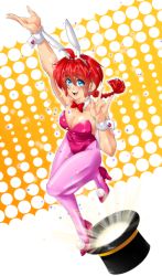 Rule 34 | absurdres, bad id, bad pixiv id, blue eyes, bow, bowtie, braid, detached collar, genderswap, genderswap (mtf), hat, highres, leotard, omiiverse, pantyhose, pink pantyhose, playboy bunny, pom pom (clothes), rabbit tail, ranma-chan, ranma 1/2, red bow, red bowtie, red hair, saotome ranma, single braid, solo, tagme, top hat