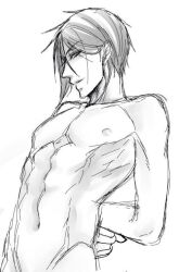 Rule 34 | 1boy, abs, arms behind back, completely nude, greyscale, groin, highres, kuroshitsuji, looking at viewer, male focus, monochrome, muscular, muscular male, naoyang02, navel, nipples, nude, sebastian michaelis, short hair, simple background, smile, solo, standing, white background