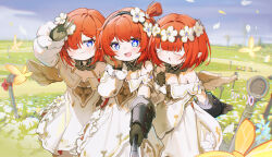 3girls :o absurdres angel bare_shoulders black_gloves blue_eyes blue_sky commentary coria cross-shaped_pupils dress field flower flower_field gloves hair_over_one_eye highres honkai:_star_rail honkai_(series) multiple_girls open_mouth outdoors pointy_ears red_hair short_hair sky smile symbol-only_commentary symbol-shaped_pupils trianne_(honkai:_star_rail) tribbie_(honkai:_star_rail) trinnon_(honkai:_star_rail) white_blindfold white_dress