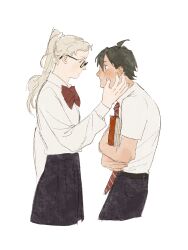 Rule 34 | 1boy, 1girl, ahoge, assertive female, black hair, black pants, black skirt, blonde hair, book, brown eyes, chengongzi123, closed mouth, collared shirt, commentary, cropped legs, genderswap, genderswap (mtf), glasses, haikyuu!!, hand up, hands up, hetero, high ponytail, highres, holding, holding book, long hair, long sleeves, looking at another, pants, puffy long sleeves, puffy sleeves, school uniform, shirt, short sleeves, simple background, skirt, symbol-only commentary, tsukishima kei, white background, white shirt, yamaguchi tadashi
