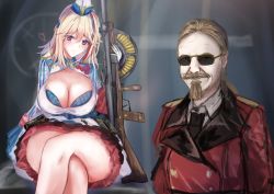 Rule 34 | 1boy, 1girl, absurdres, automatic rifle, blonde hair, blush, breasts, chauchat, chauchat (girls&#039; frontline), cleavage, crossed legs, crossover, epaulettes, facial hair, forgotten weapons, girls&#039; frontline, goatee, griffin &amp; kryuger military uniform, gun, highres, ian mccollum, jacket, large breasts, light machine gun, looking at viewer, machine gun, male focus, martinreaction, medium hair, military, military uniform, multicolored hair, mustache, purple eyes, real life, red jacket, short hair, smile, streaked hair, sunglasses, uniform, upper body, weapon