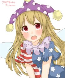 Rule 34 | 1girl, american flag dress, blonde hair, blush, breasts, clownpiece, collar, egret, fairy wings, fang, frilled collar, frilled shirt collar, frills, hat, highres, jester cap, long hair, neck ruff, open mouth, polka dot, red eyes, shirt, short sleeves, simple background, solo, star (symbol), striped, touhou, upper body, v arms, very long hair, wings