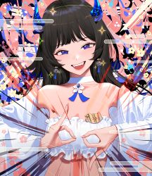 Rule 34 | 1girl, absurdres, black hair, blue eyes, breasts, earrings, egasumi, emphasis lines, fangs, hands up, highres, horns, jewelry, long hair, looking at viewer, open mouth, original, small breasts, solo, strapless, teeth, tube top, upper body, upper teeth only, wonbin lee