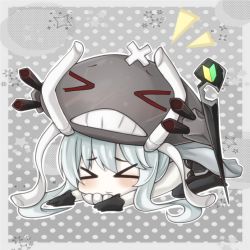 Rule 34 | &gt; &lt;, 10s, 1girl, abyssal ship, aqua hair, bandages, blush, cape, chibi, closed eyes, gloves, kantai collection, monster, pale skin, personification, rateratte, shoshinsha mark, solo, staff, star (symbol), turret, wo-class aircraft carrier