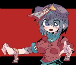 Rule 34 | 1girl, black eyes, black hair, breasts, hat ornament, highres, jiangshi, mismatched pupils, miyako yoshika, ofuda, one-hour drawing challenge, open mouth, outstretched arms, purple headwear, r.h no.1 fuyumomo, red background, red shirt, shirt, short hair, simple background, solo, star (symbol), star hat ornament, touhou, upper body, zombie pose