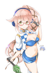 Rule 34 | 2girls, absurdres, bandeau, bespectacled, black gloves, blue bandeau, blue skirt, breasts, chibi, chibi inset, cleavage, commentary request, cosplay, cowboy shot, cropped jacket, fingerless gloves, glasses, gloves, gotland (kancolle), gotland (kancolle) (cosplay), green eyes, hair flaps, hair ribbon, head only, headphones, highres, holding, holding umbrella, kantai collection, long hair, looking at viewer, medium breasts, midriff, miniskirt, multiple girls, one-hour drawing challenge, pink hair, ponytail, race queen, red-framed eyewear, ribbon, simple background, skirt, solo focus, taisinkoku, thighhighs, translation request, umbrella, very long hair, white background, white legwear, yura (kancolle)