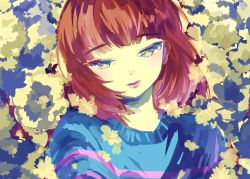 Rule 34 | androgynous, bad id, bad pixiv id, brown hair, close-up, eyebrows, flower, frisk (undertale), gender request, half-closed eyes, head tilt, highres, lips, looking at viewer, ottmi, parted lips, petals, short hair, solo, striped clothes, striped sweater, sweater, undertale, upper body, yellow eyes