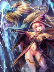 Rule 34 | 1girl, breasts, edobox, hat, large breasts, lightning, monster, navel, open mouth, original, pink eyes, pink hair, sideboob, smile, solo, thighhighs, white thighhighs, witch, witch hat