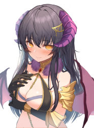 Rule 34 | 1girl, absurdres, bare shoulders, black gloves, black hair, blush, breasts, chain, chain between breasts, cleavage, closed mouth, commentary request, crossed bangs, curled horns, demon girl, demon horns, demon wings, elbow gloves, fur collar, gloves, gold trim, hair between eyes, hair over breasts, highres, horns, kei8987, large breasts, long bangs, long hair, looking at viewer, original, revealing clothes, sidelocks, simple background, smile, solo, upper body, white background, wings, yellow eyes