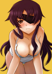 Rule 34 | 1girl, all fours, bare shoulders, blush, bra, breasts, brown eyes, cleavage, downblouse, dutch angle, eyepatch, large breasts, lingerie, long hair, md5 mismatch, mirai nikki, panties, purple hair, resolution mismatch, seiru (prairie), simple background, solo, source larger, striped bra, striped clothes, striped panties, tank top, thigh gap, thighs, underwear, uryuu minene