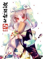 Rule 34 | 1girl, 2023, alternate costume, animal print, bird, bloody marie (skullgirls), chinese zodiac, crane (animal), dotcube, fur trim, ghost, grey hair, hair ornament, hairpin, highres, japanese clothes, japanese text, kimono, long sleeves, new year, paddle, rabbit, red eyes, skull hair ornament, skullgirls, solo, twintails, wide sleeves, year of the rabbit