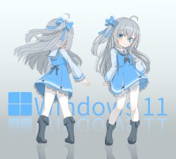 Rule 34 | 1girl, absurdres, ahoge, black neckerchief, blue bow, blue dress, blue eyes, blue footwear, blush, boots, bow, child, chinese commentary, closed mouth, commentary request, dress, eyeshadow, frilled dress, frills, from behind, full body, gradient background, grey eyeshadow, grey hair, hair bow, hand on own hip, highres, karv, long hair, long sleeves, looking at viewer, makeup, microsoft, microsoft windows, neckerchief, one side up, original, os-tan, pantyhose, reflective floor, sailor collar, shirt, smile, standing, white background, white pantyhose, white sailor collar, white shirt, windows 11, windows logo