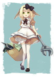 Rule 34 | 1girl, animal ears, bad id, bad pixiv id, basket, blonde hair, bow, crowbar, green eyes, hairband, hebino (snake nest), jpeg artifacts, legs, mary janes, open mouth, original, oversized object, pigeon-toed, shoes, short hair, solo, standing, teeth, thighhighs, tools, white thighhighs, wrench