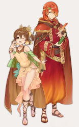 Rule 34 | 1boy, 1girl, ;d, alternate costume, arm up, bangle, bare shoulders, bead bracelet, beads, belt, book, bow, bracelet, bridal legwear, brother and sister, brown cape, brown eyes, brown footwear, brown hair, cape, choker, criss-cross strings, delthea (fire emblem), dress, fang, fingernails, fire emblem, fire emblem echoes: shadows of valentia, full body, green bow, green sleeves, grey background, hair between eyes, hair over one eye, hair ribbon, haru (nakajou-28), highres, holding, holding book, holding quill, jewelry, long sleeves, looking at viewer, luthier (fire emblem), nintendo, one eye closed, open mouth, orange hair, ponytail, quill, ribbon, sandals, see-through, see-through sleeves, siblings, side slit, simple background, smile, standing, sweatdrop, walking, wide sleeves, wing hair ornament, yellow dress, yellow ribbon