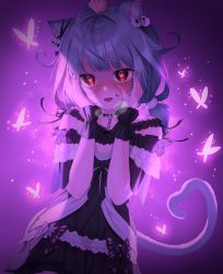 Rule 34 | 1girl, :d, absurdres, ahoge, animal, animal ear fluff, animal ears, animal on head, bad id, bad twitter id, bird, bird on head, black choker, black dress, blush, bug, butterfly, cat ears, cat girl, cat tail, chick, choker, commentary request, dress, green hair, hair ornament, hands on own face, hands up, harusame (user wawj5773), heart, heart-shaped pupils, highres, hololive, insect, long hair, looking at viewer, noise, off-shoulder dress, off shoulder, on head, open mouth, piyoko (uruha rushia), red eyes, short sleeves, skull hair ornament, smile, solo, symbol-shaped pupils, tail, twintails, upper body, uruha rushia, uruha rushia (3rd costume), virtual youtuber, wrist cuffs, yandere trance