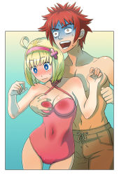 Rule 34 | 00s, 1boy, 1girl, ahoge, avan hardins, bad id, bad pixiv id, blonde hair, blue eyes, blush, grabbing another&#039;s breast, breasts squeezed together, breasts, cleavage, cosette coalhearth, couple, covered navel, grabbing, groping, hairband, hetero, large breasts, mimonel, nervous, one-piece swimsuit, pants, red hair, senjou no valkyria, senjou no valkyria (series), senjou no valkyria 2, short hair, sweat, swimsuit, turn pale