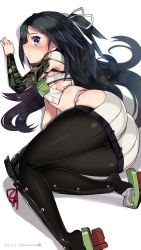 Rule 34 | 10s, 1girl, ass, asymmetric gloves, asymmetrical gloves, black hair, black thighhighs, blue eyes, blush, camouflage, crop top, gloves, hair ribbon, highres, image sample, kantai collection, katsuragi (kancolle), kuro chairo no neko, long hair, looking at viewer, lying, md5 mismatch, midriff, miniskirt, ponytail, profile, remodel (kantai collection), resolution mismatch, ribbon, simple background, skirt, solo, source larger, thighhighs, uneven gloves