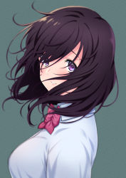 Rule 34 | 1girl, black hair, blouse, blush, bow, bowtie, breasts, collared shirt, floating hair, highres, lips, looking at viewer, looking to the side, medium breasts, medium hair, original, parted lips, pink bow, pink bowtie, purple eyes, shirt, simple background, solo, tsukimoto kizuki, upper body, white shirt