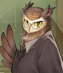 Rule 34 | absurdres, animal, animal focus, bird, black-framed eyewear, black coat, black necktie, brown eyes, brown wings, chalkboard, clothed animal, coat, collared shirt, colored sclera, feathered wings, from side, gilmang, glasses, hand up, highres, indoors, looking at viewer, necktie, no humans, original, owl, round eyewear, shirt, solo, standing, teacher, upper body, white shirt, wings, yellow sclera
