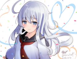 Rule 34 | 1girl, 9610 (kuroto), absurdres, anchor symbol, artist name, black sailor collar, blue eyes, confetti, dated, hibiki (kancolle), highres, kantai collection, long hair, neckerchief, one-hour drawing challenge, red neckerchief, sailor collar, school uniform, serafuku, solo, twitter username, upper body, white background, white hair