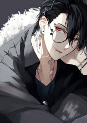 Rule 34 | 1boy, absurdres, black hair, black jacket, blurry, blurry background, collarbone, commentary, ear piercing, earrings, fur trim, glasses, hair between eyes, hand on own cheek, hand on own face, heart, highres, jacket, jewelry, looking at viewer, male focus, necklace, orange eyes, original, parted bangs, parted lips, piercing, twitter username, upper body, yagi (shiro yagi)