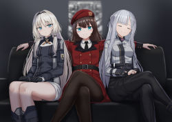 Rule 34 | 3girls, ak-12 (girls&#039; frontline), an-94 (girls&#039; frontline), bad id, bad twitter id, belt, beret, black gloves, black panties, black pants, blue eyes, braid, breasts, brown hair, closed eyes, closed mouth, commentary request, couch, crossed legs, female commander (girls&#039; frontline), girls&#039; frontline, gloves, griffin &amp; kryuger military uniform, hairband, hat, highres, long hair, long sleeves, looking at viewer, medium breasts, military, military uniform, multiple girls, panties, pants, pantyhose, pantyshot, partially fingerless gloves, silver hair, sitting, small breasts, smile, underwear, uniform, yakob labo