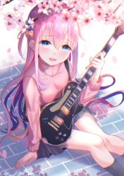 Rule 34 | 1girl, :d, black skirt, black socks, blue eyes, bocchi the rock!, commentary request, cube hair ornament, electric guitar, feet out of frame, flower, gotoh hitori, guitar, hair between eyes, hair ornament, hand up, holding, holding instrument, instrument, jacket, kinom (sculpturesky), long hair, looking at viewer, one side up, open mouth, pink flower, pink hair, pink jacket, pleated skirt, sitting, skirt, smile, socks, solo, track jacket, very long hair