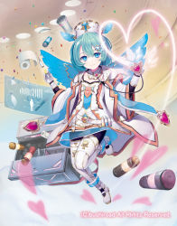 Rule 34 | 1girl, aqua hair, blue eyes, boots, cardfight!! vanguard, company name, feathered wings, gloves, hairband, hat, heart, initial celestial ruhiel, official art, pantyhose, pill, saitou takeo, solo, syringe, wings