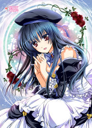 Rule 34 | 1girl, blue hair, blush, detached collar, dress, hat, kanna (plum), long hair, looking at viewer, md5 mismatch, open mouth, original, own hands clasped, own hands together, red eyes, resolution mismatch, solo, source larger, strapless, strapless dress