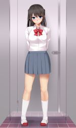 Rule 34 | 1girl, arms behind back, black hair, blue eyes, blurry, blurry background, blush, bow, bowtie, breast pocket, collared shirt, cubicle, eto, full body, grey skirt, groin, highres, indoors, kneehighs, latch, locking, long sleeves, looking at viewer, miniskirt, original, pleated skirt, pocket, school uniform, shirt, shoes, skirt, socks, solo, standing, striped bow, striped bowtie, striped clothes, striped neckwear, tile floor, tiles, two side up, uwabaki, white shirt, white socks, wing collar