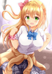 Rule 34 | 1girl, :d, blonde hair, blue bow, blush, bow, breasts, brown cardigan, cardigan, cardigan around waist, clothes around waist, collared shirt, commentary request, curtains, dress shirt, green eyes, grey skirt, hair bow, hands up, highres, large breasts, long hair, looking at viewer, one side up, open mouth, original, pink bow, school uniform, shirt, short sleeves, skirt, smile, solo, very long hair, white shirt, window, xenon (for achieve)