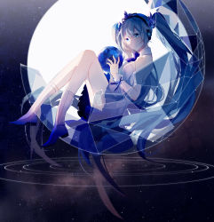 Rule 34 | 1girl, absurdres, aqua-, bare shoulders, blue bow, blue bowtie, blue dress, blue eyes, blue footwear, blue hair, blue nails, boots, bow, bowtie, broken, commentary, crystal, dress, eyebrows hidden by hair, from side, full moon, gradient dress, gradient legwear, hatsune miku, headphones, highres, holding, knee boots, knees up, legs, light smile, long hair, looking at viewer, looking to the side, moon, nail polish, sitting, sky, sleeveless, sleeveless dress, solo, star (sky), starry sky, twintails, vocaloid, waves, white dress, white footwear