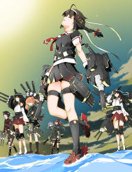 Rule 34 | 6+girls, absurdres, ahoge, asagumo (kancolle), bare shoulders, black gloves, black hair, black shirt, black skirt, black socks, bow, braid, breasts, brown hair, carrying, closed eyes, commentary request, detached sleeves, double bun, fingerless gloves, fusou (kancolle), gloves, hair bun, hair flaps, hair ornament, hair ribbon, hairband, hand up, hands in hair, highres, japanese clothes, kantai collection, knee pads, legband, long hair, long sleeves, looking to the side, looking up, michishio (kancolle), mogami (kancolle), multiple girls, necktie, no eyes, ocean, open mouth, orange hair, piggyback, pleated skirt, red footwear, red hairband, red necktie, ribbon, sailor collar, school uniform, shigure (kancolle), shirt, short hair, short sleeves, shorts, single braid, skirt, sky, small breasts, socks, standing, standing on one leg, sweat, thighs, torn clothes, torn socks, torpedo launcher, twintails, water, white hairband, white sailor collar, white shirt, white socks, yamagumo (kancolle), yamashiro (kancolle), yoshinaga yunosuke