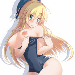Rule 34 | 10s, 1girl, alternate costume, atago (kancolle), bad id, bad pixiv id, blonde hair, blue eyes, breasts, clothes pull, kantai collection, kazushima, large breasts, long hair, nipples, one-piece swimsuit, one-piece swimsuit pull, school swimsuit, solo, swimsuit, undersized clothes, wavy mouth