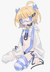 Rule 34 | 1girl, ahoge, arm at side, asymmetrical legwear, bell, between legs, black collar, black panties, black ribbon, blonde hair, blue-framed eyewear, blue bow, blue eyes, blue thighhighs, blunt bangs, bow, clenched hands, collar, cropped hoodie, daizu (melon-lemon), expressionless, eyes visible through hair, floating hair, from side, full body, furrowed brow, glasses, grey background, hair between eyes, hair bow, hair ornament, hairclip, hand between legs, highres, hood, hood down, hoodie, jingle bell, long sleeves, looking at viewer, looking to the side, midriff, mismatched legwear, navel, neck bell, no nose, no pants, no shoes, original, panties, parted lips, puffy long sleeves, puffy sleeves, ribbon, semi-rimless eyewear, short hair, side-tie panties, simple background, sitting, solo, stomach, striped clothes, striped thighhighs, suspenders, swept bangs, tareme, thighhighs, two-tone legwear, two side up, under-rim eyewear, underwear, wariza, white hoodie, white thighhighs, zipper