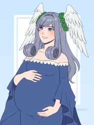 Rule 34 | absurdres, adricarra, big belly, blue dress, clover, dress, four-leaf clover, hands on belly, head wings, head wreath, highres, long hair, melia antiqua, pregnant, silver hair, white wings, wings, xenoblade chronicles (series), xenoblade chronicles 3