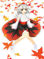 Rule 34 | 1girl, absurdres, animal ears, autumn, chus, detached sleeves, fang, female focus, full body, highres, inubashiri momiji, leaf, maple leaf, sitting, solo, tail, touhou, white background, white hair, wolf ears, wolf tail