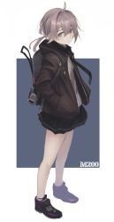 Rule 34 | 1girl, ahoge, backpack, bag, bare legs, black footwear, black skirt, blue background, blush, brown hair, character name, closed mouth, commentary request, expressionless, from side, full body, girls&#039; frontline, hands in pockets, hara shoutarou, hood, hood down, hooded jacket, jacket, long hair, long sleeves, looking at viewer, looking to the side, m200 (girls&#039; frontline), miniskirt, open clothes, open jacket, purple eyes, shoes, short ponytail, skirt, solo, standing, two-tone background