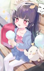 Rule 34 | 1girl, absurdres, alternate costume, black hair, blue archive, blue jacket, blue skirt, blush stickers, bow, breasts, camisole, collarbone, feet out of frame, food, footprints, halo, highres, ice cream, ice cream cone, jacket, layered skirt, long hair, long sleeves, miyu (blue archive), on bench, open mouth, pantyhose, peroro (blue archive), pink bow, pink camisole, pleated skirt, puffy long sleeves, puffy sleeves, red eyes, sitting, skirt, small breasts, solo, sparkle, wellski, white halo, white pantyhose