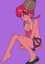 Rule 34 | 1girl, barefoot, blue eyes, blush stickers, braid, breasts, closed mouth, feet, hair between eyes, highres, looking at viewer, medium breasts, menma (enaic31), ponytail, purple background, ranma-chan, ranma 1/2, red hair, rope, shimenawa, shorts, simple background, solo, topless, wet, wet hair