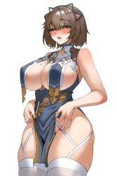 Rule 34 | 1girl, absurdres, animal ears, artist request, azur lane, bare arms, bare shoulders, black dress, blush, breast curtains, breasts, brown hair, cat ears, cleavage, commission, cosplay, covered erect nipples, cowboy shot, dress, fake animal ears, hairband, highres, large breasts, looking away, mole, mole on breast, mole on thigh, mole under eye, no panties, open mouth, original, pelvic curtain, prunechi, red eyes, second-party source, short hair, simple background, sirius (azur lane), sirius (azur lane) (cosplay), sirius (azure horizons) (azur lane), skindentation, sleeveless, sleeveless dress, solo, sweatdrop, thighhighs, thighs, white background, white thighhighs