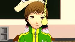 Rule 34 | 20s, 2girls, 3d, amagi yukiko, animated, atlus, black shirt, blinking, breasts, brown eyes, brown hair, chalkboard, classroom, collarbone, desk, face, female focus, grabbing, grabbing another&#039;s chin, green jacket, hairband, hand on another&#039;s head, happy, headpat, highres, holding, holding pocket watch, holding watch, hypnosis, indoors, interior, jacket, jewelry, long sleeves, looping animation, matching hair/eyes, megami tensei, mind control, multiple girls, necklace, open mouth, pendulum, persona, persona 4, persona 4: dancing all night, persona dancing, pocket watch, rolling eyes, satonaka chie, school, shelf, shin megami tensei, shirt, short hair, short sleeves, sitting, skirt, sleepy, small breasts, smile, source filmmaker (medium), standing, swept bangs, swinging, video, vynil, watch, watching, white skirt